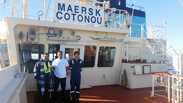 Fr Gerardo Garcia Apostleship of the Sea Cape Town port chaplain with crew members of Maersk Cotonou